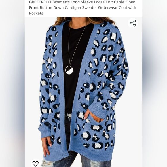 Grecerelle long sleeve loose knit open cardigan animal print with pockets sz XL - Picture 1 of 9